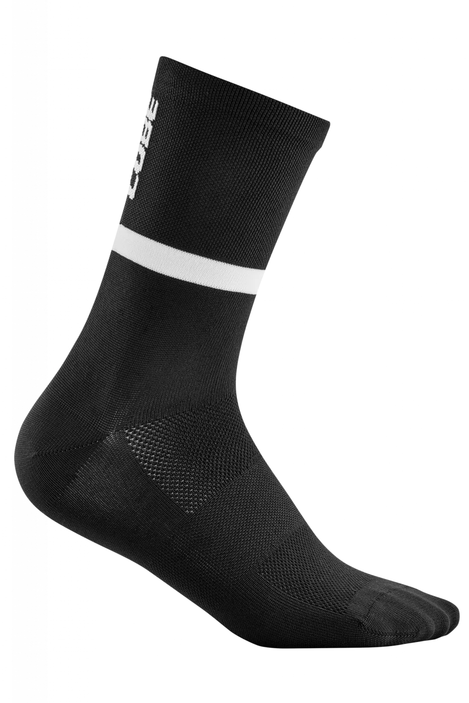 Eine einzelne CUBE Socke High Cut Blackline Sportsocke in Schwarz, mit einem weißen horizontalen Streifen und dem Wort CORE in Weiß am oberen Rand, auf einem schlichten weißen Hintergrund.
