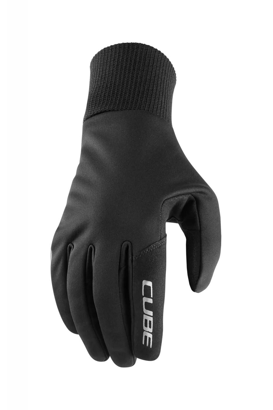 Der CUBE Handschuhe Performance All Season Langfinger, ein schwarzer Langfingerhandschuh mit gerippter Stulpe und weißem "CUBE" auf dem Zeigefinger, ist auf einem schlichten weißen Untergrund abgebildet und bei Mr. Bike Lichtenfels erhältlich.