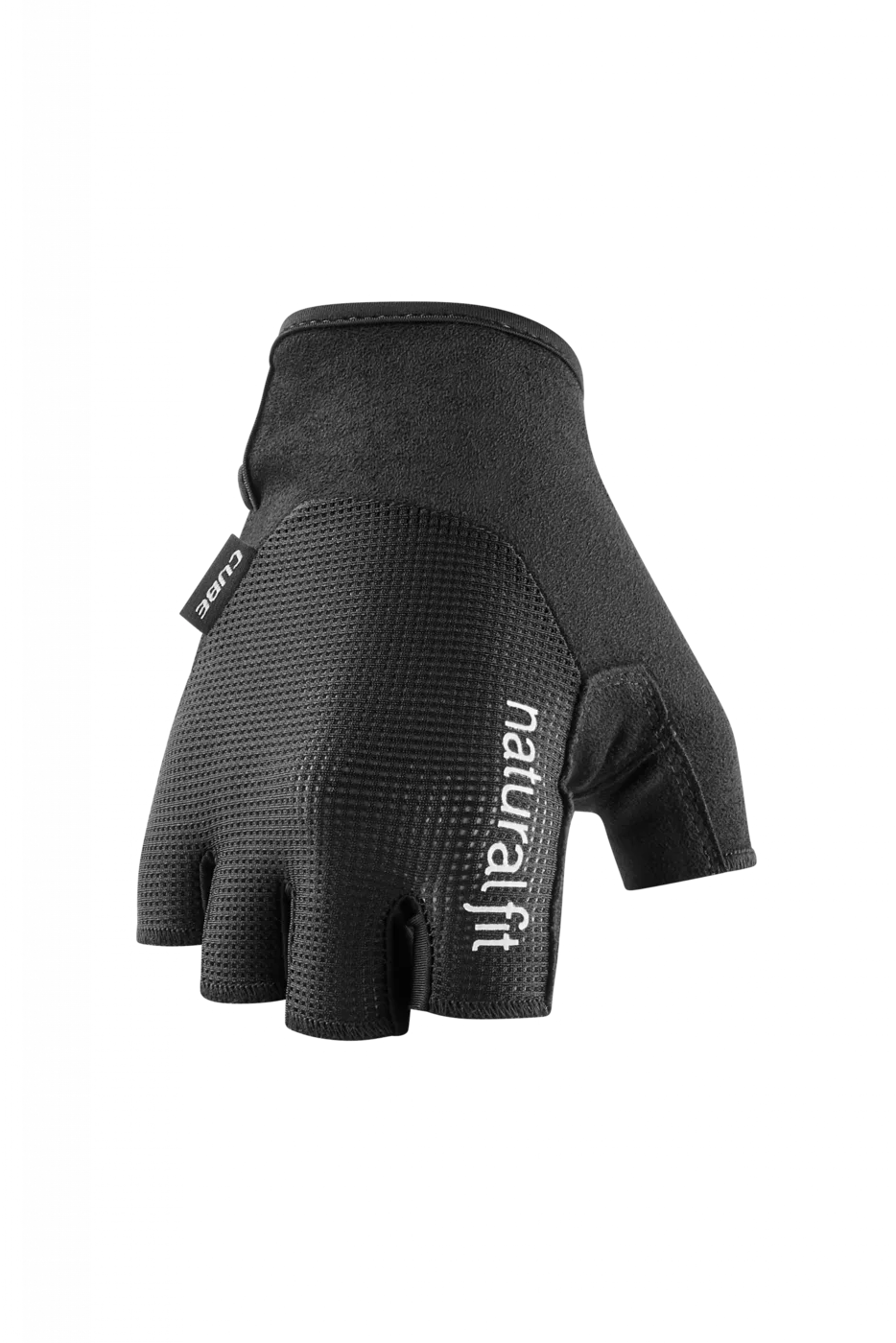 Der CUBE Handschuhe kurzfinger X NF ist ein schwarzer, fingerloser Radhandschuh mit strukturiertem Stoff und dem Aufdruck "natural fit" in Weiß auf dem Handrücken, der sich von einem schlichten weißen Hintergrund abhebt.