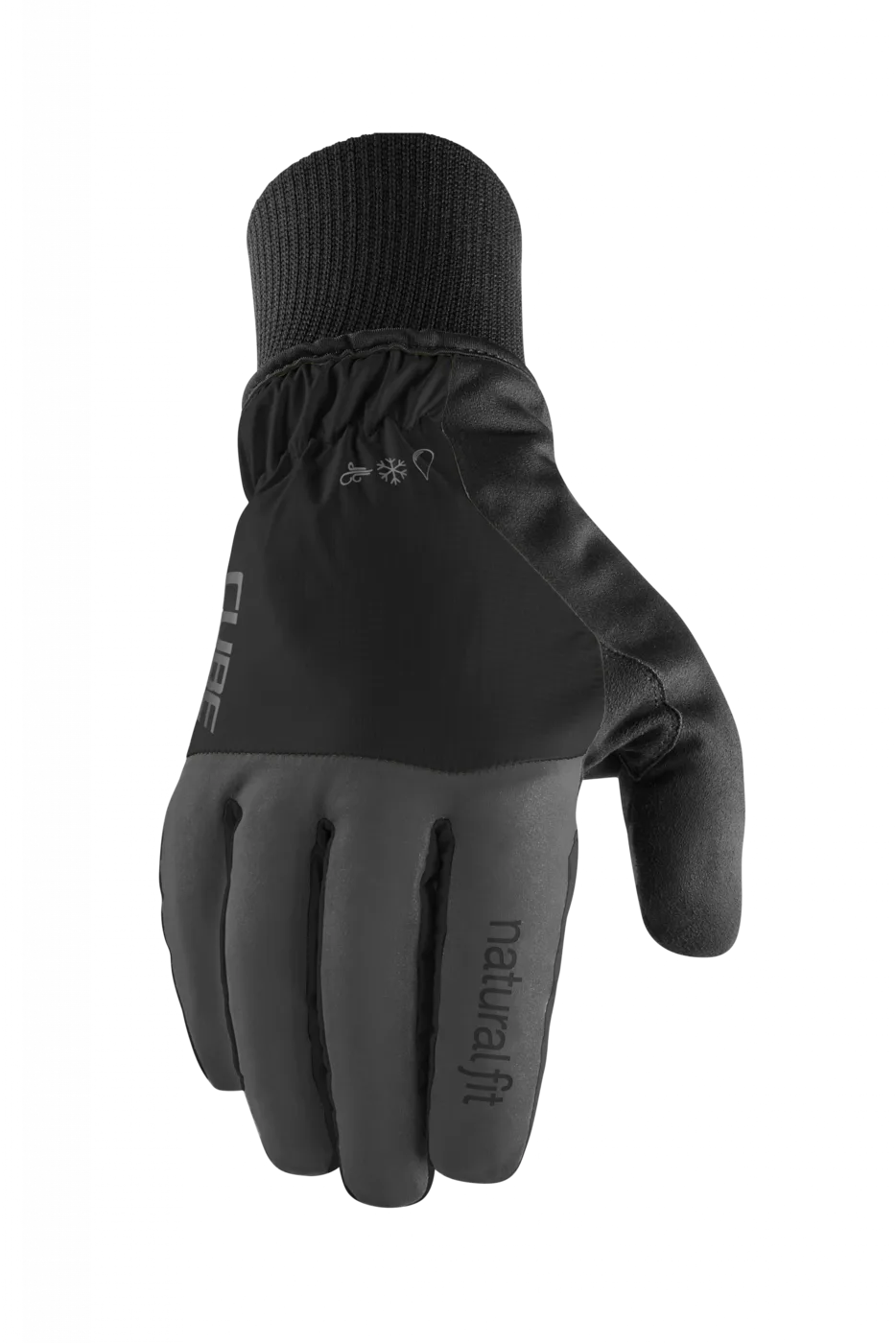 Der CUBE Handschuhe Winter langfinger X NF ist ein schwarzer Winterhandschuh von Mr. Bike Lichtenfels mit Rippstrickbündchen, glatter, isolierter Oberfläche, "natural fit" am Zeigefinger und Wetterschutzsymbolen auf dem Handrücken.