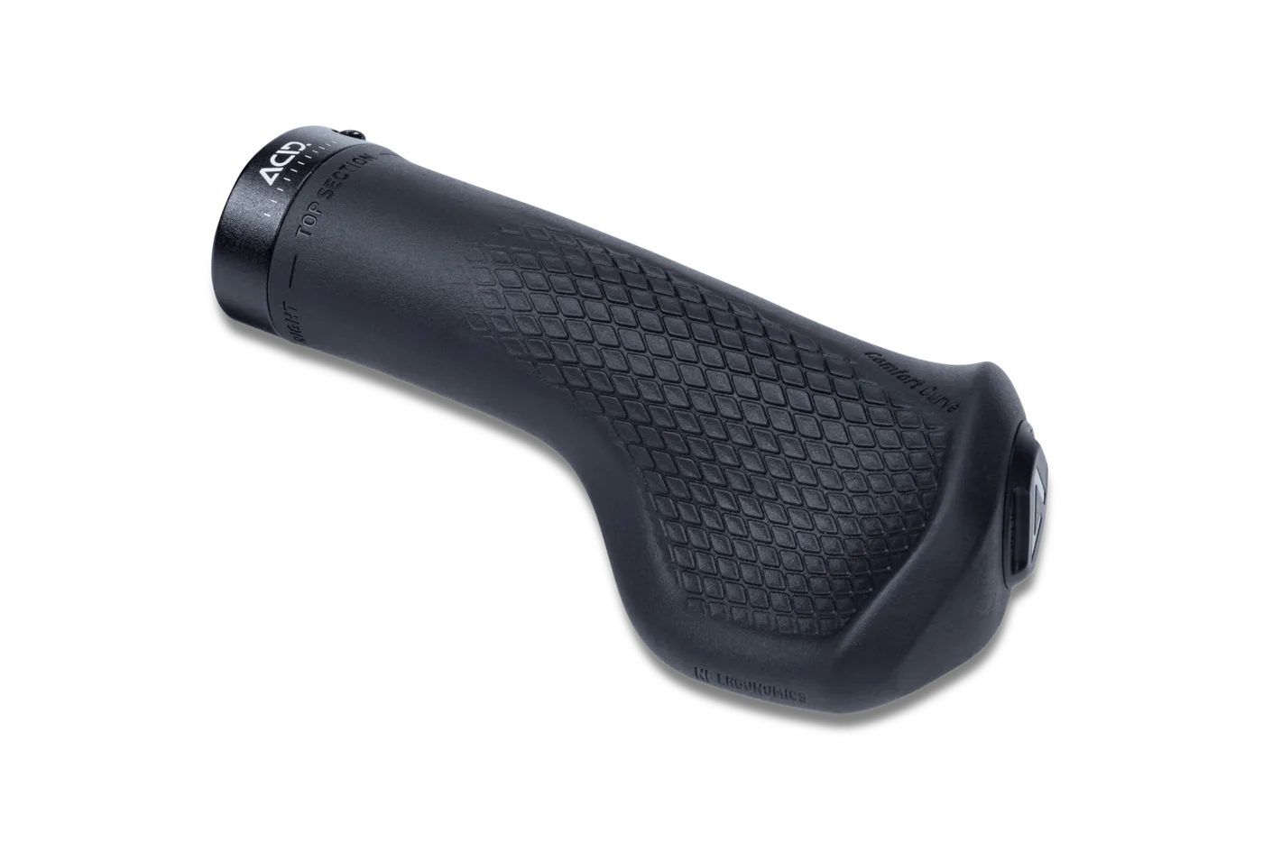 Ein schwarzer, ergonomischer ACID Griffe TRAVEL COMFORT Fahrradlenkergriff mit strukturierter, rautenförmiger Oberfläche und konturiertem Design für mehr Komfort, abgebildet auf einem einfarbig hellgrauen Hintergrund.