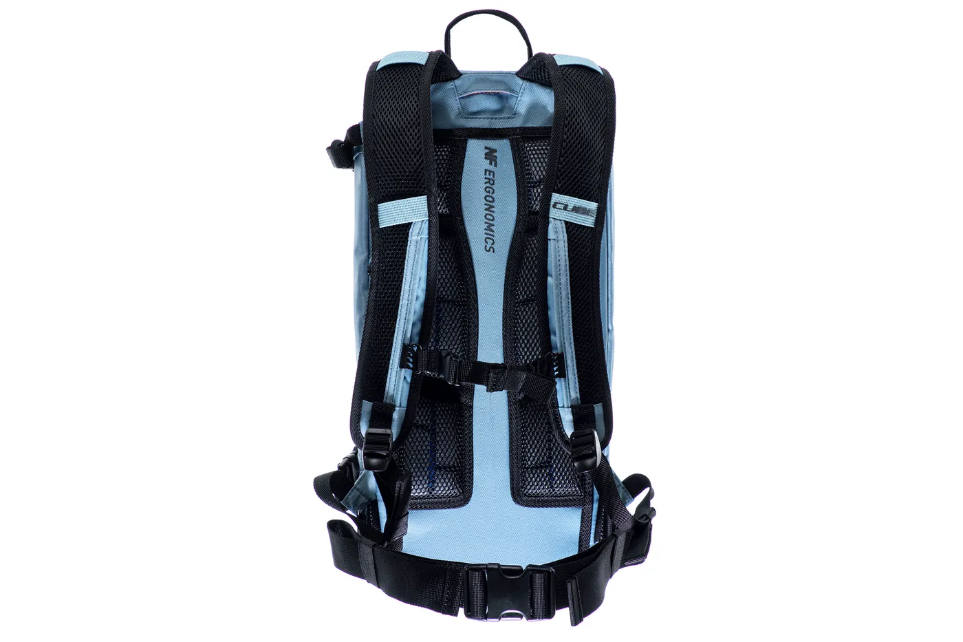 Hellblauer CUBE Rucksack PURE 12 CMPT in der Rückenansicht mit schwarzen gepolsterten Schultergurten, einem verstellbaren Brustgurt, einem Hüftgurt und atmungsaktiven Mesh-Einsätzen für Komfort und Halt.