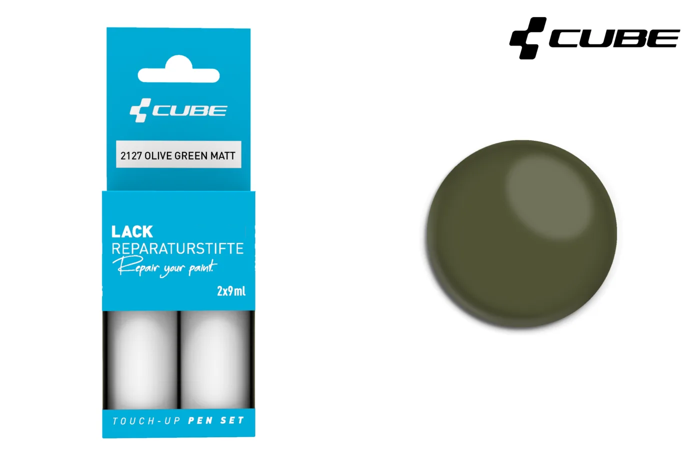Links ist das CUBE Lackstift Set OLIVE GREEN matt 2127 in blauer Verpackung abgebildet, rechts ein kreisrundes olivgrünes Farbmuster - ideal für Mr. Bike Lichtenfels Fans. In der rechten oberen Ecke ist das CUBE-Logo zu sehen.