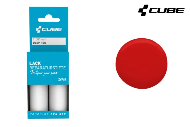 Das CUBE Lackstift Set DEEP RED matt 2150 enthält zwei kleine Flaschen in einer blauen Box, ein großes tiefrotes Farbmuster auf der rechten Seite und ist mit dem CUBE-Logo sowie dem Mr. Bike Lichtenfels Branding in der rechten oberen Ecke versehen.