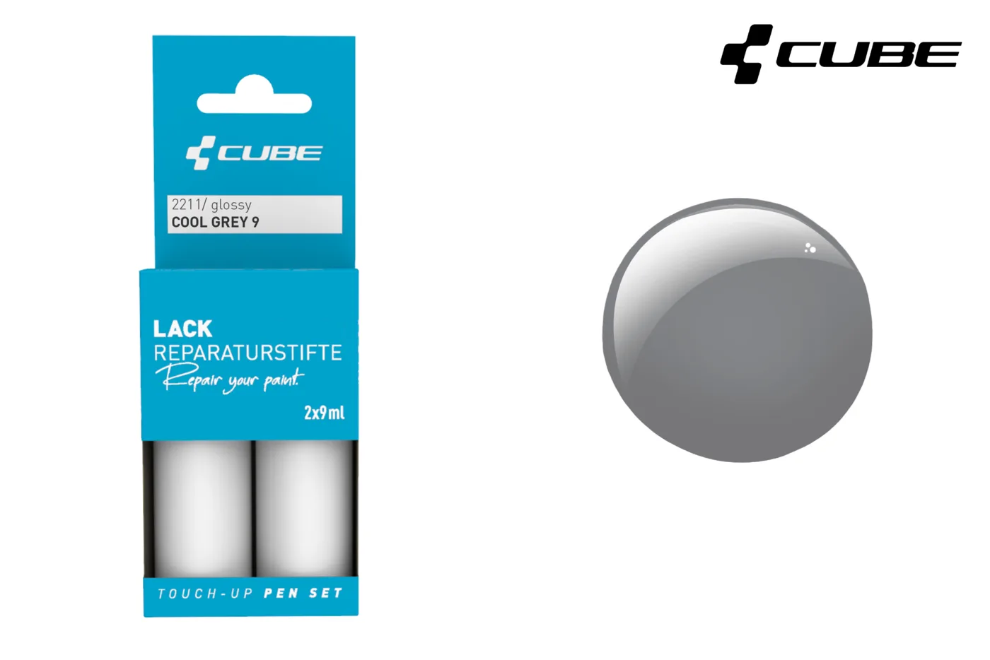 CUBE Lackstift Set COOL GREY 9 links eine glänzende 2211-Verpackung, rechts ein glänzendes graues Farbmuster, beide mit dem CUBE-Logo und einem Hinweis auf Mr. Bike Lichtenfels in der rechten oberen Ecke.
