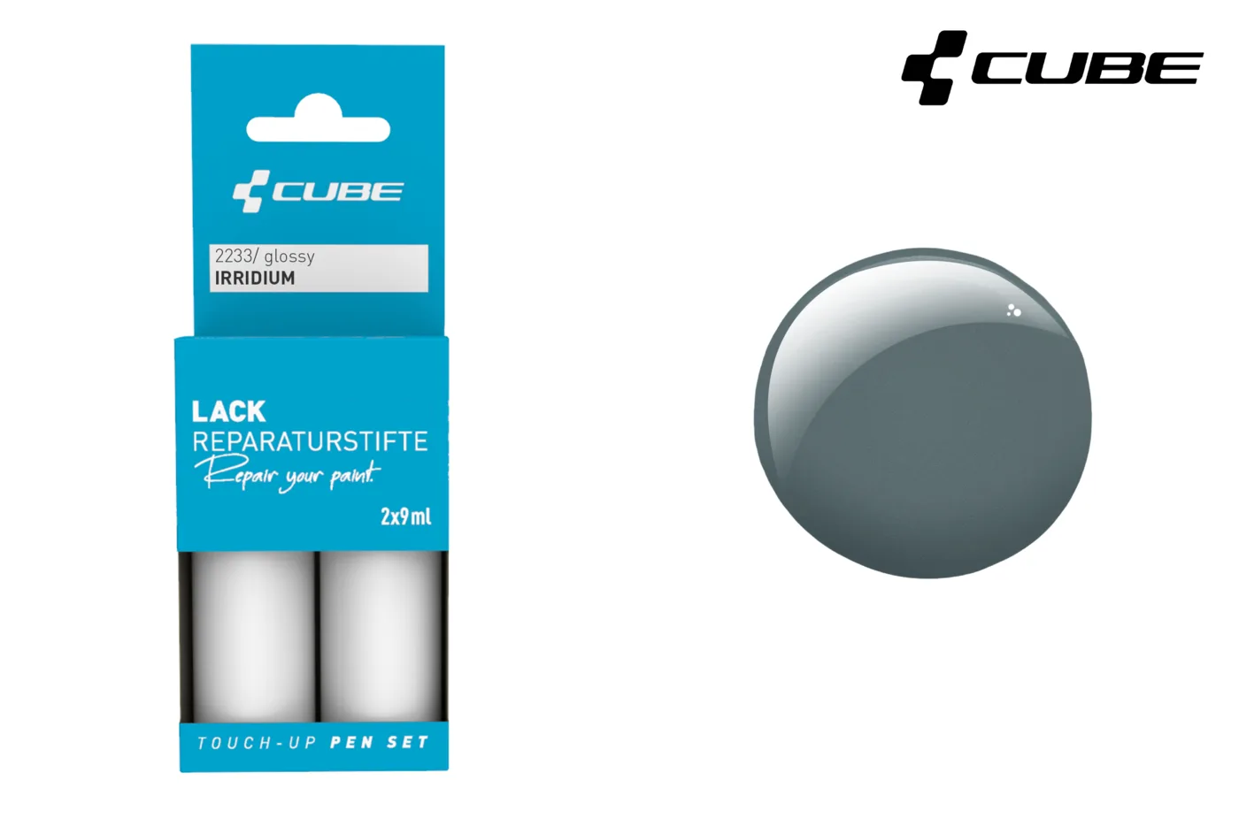 Links ist ein CUBE Lackstift Set GREY glossy 2233 in blauer Verpackung abgebildet, rechts ein glänzendes graues Muster. Das CUBE-Logo erscheint oben rechts und Mr. Bike Lichtenfels ist als vertrauenswürdiger Händler aufgeführt.