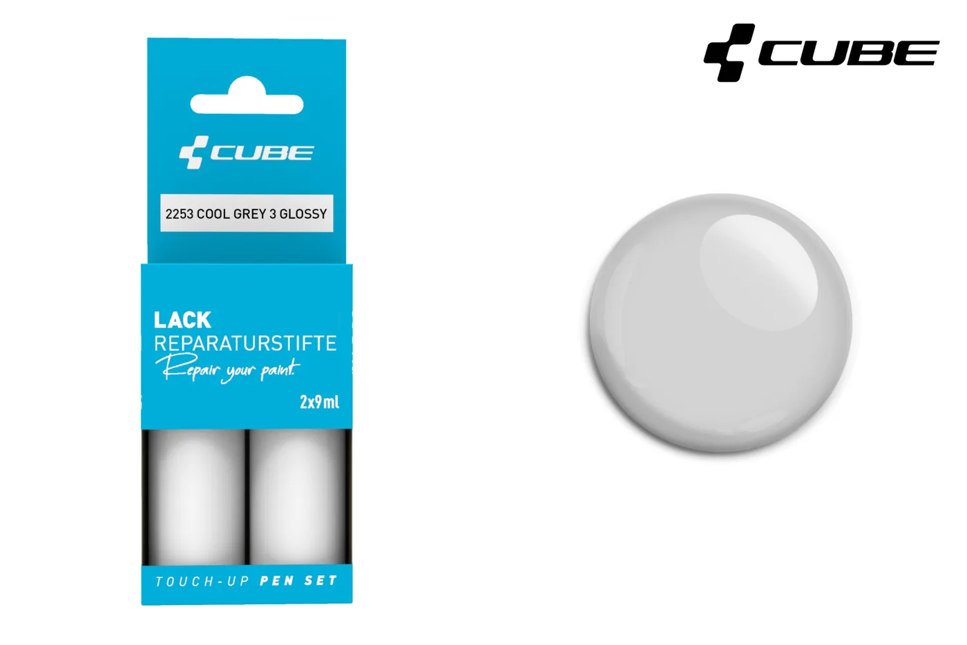Das CUBE Lackstift Set COOL GREY 3 glossy 2253 ist in einer blauen Verpackung mit zwei weißen Stiften abgebildet. In der rechten oberen Ecke befinden sich ein glänzendes graues Farbmuster sowie die Logos von Mr. Bike Lichtenfels und CUBE.