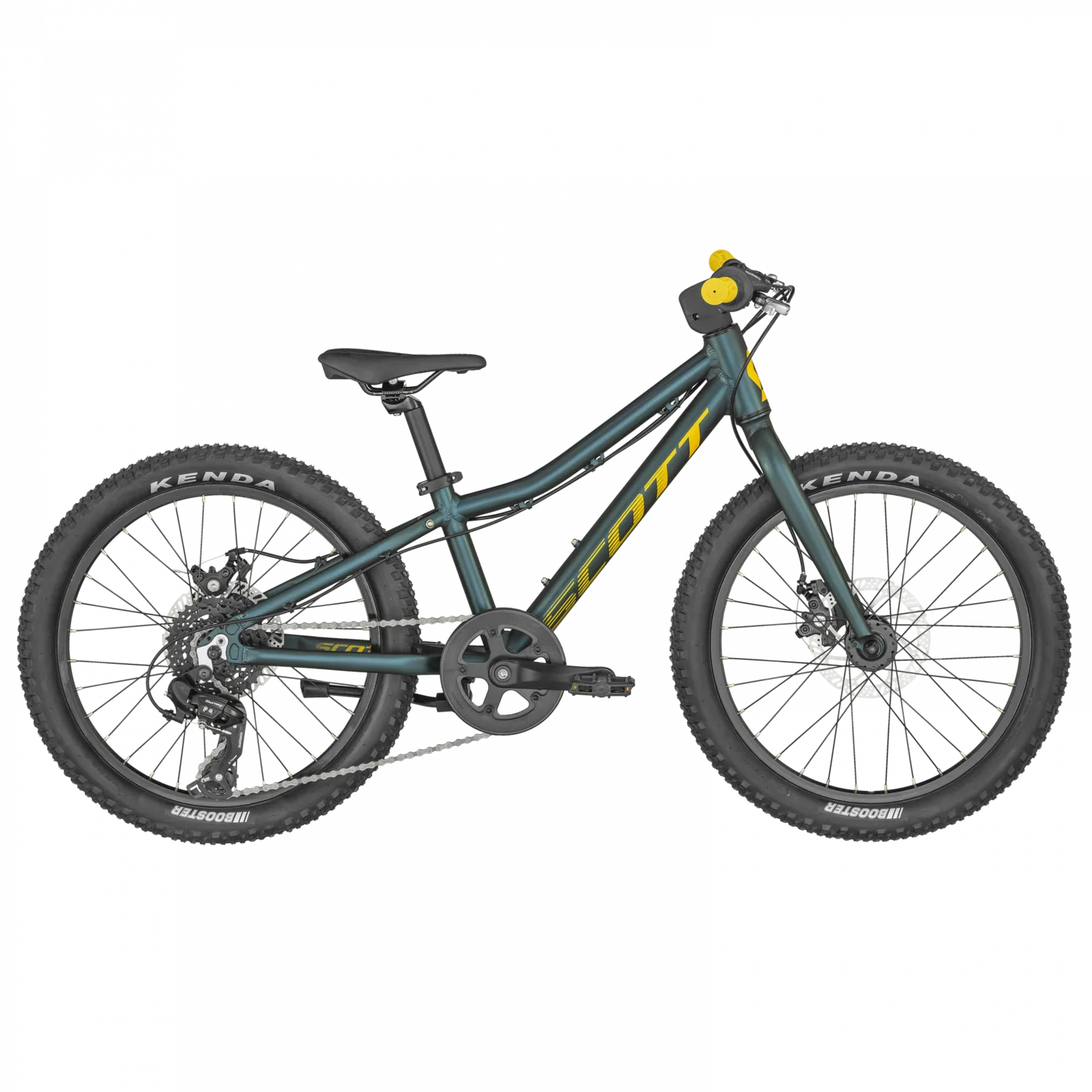 Das SCO Bike Scale 20 rigid (KH) ist ein dunkelgrünes Kinder-Mountainbike mit gelben Akzenten, Kenda-Reifen, schwarzem Sattel und geradem Lenker - Seitenansicht auf weißem Hintergrund. Erhältlich bei Mr. Bike Lichtenfels.