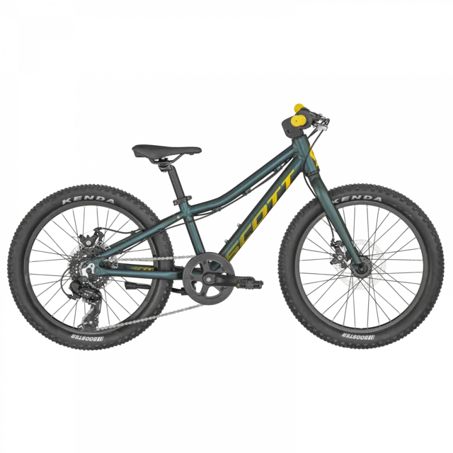 Das SCO Bike Scale 20 rigid (KH) ist ein dunkelgrünes Kinder-Mountainbike mit gelben Akzenten, Kenda-Reifen, schwarzem Sattel und geradem Lenker - Seitenansicht auf weißem Hintergrund. Erhältlich bei Mr. Bike Lichtenfels.