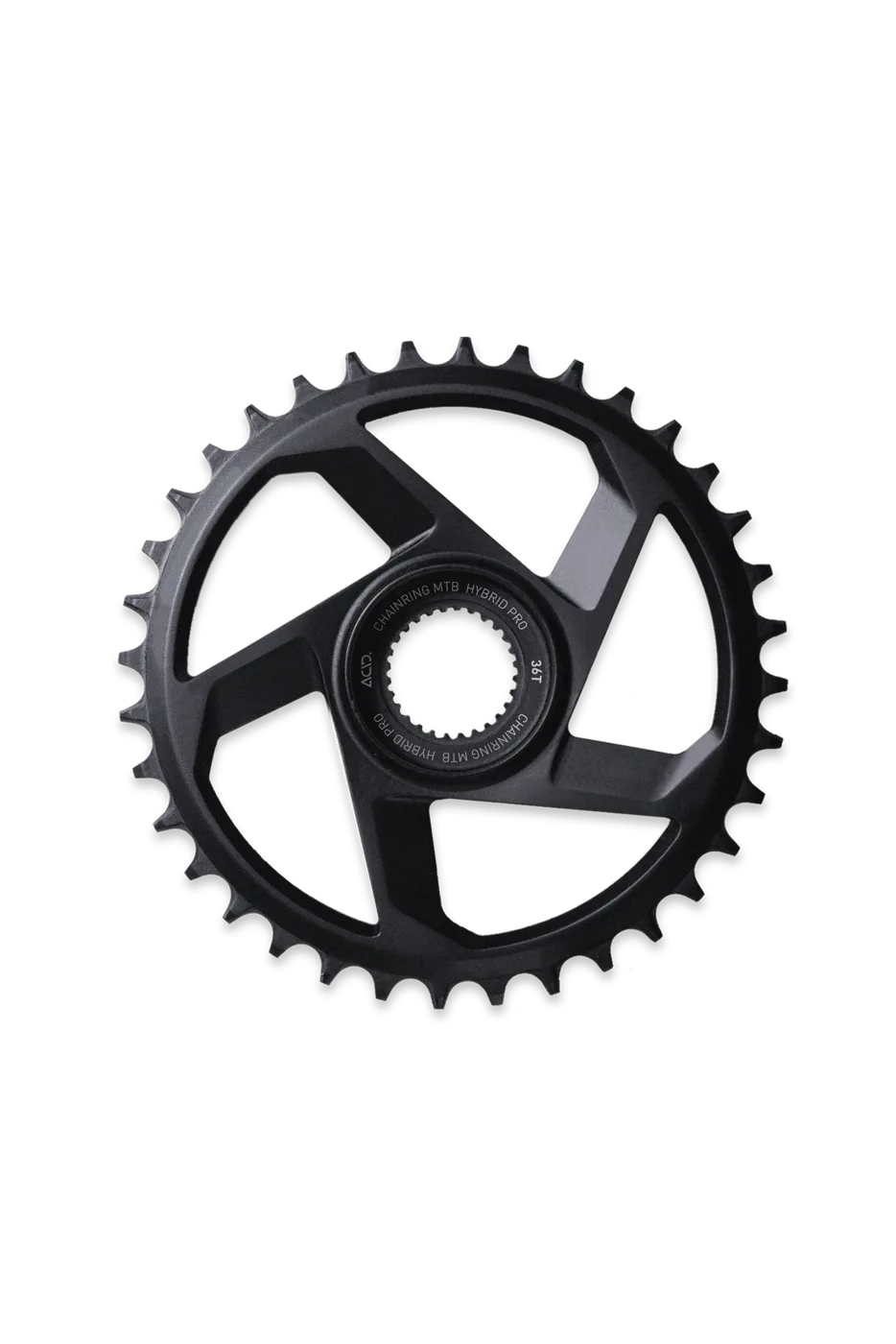Das ACID Kettenblatt HYBRID PRO HPA ist ein schwarzes, rundes Kettenblatt mit gleichmäßigen Zahnabständen für Mountainbike-Kurbelsätze, das von Mr. Bike Lichtenfels entworfen wurde und auf weißem Hintergrund abgebildet ist.