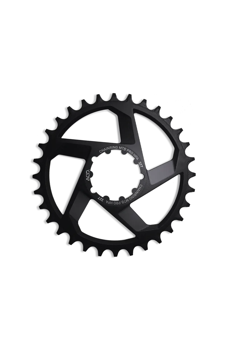 Ein schwarzes ACID Kettenblatt MTB PRO HPA aus Metall mit 32 gleichmäßig angeordneten Zähnen und fünf speichenähnlichen Aussparungen ist auf einem weißen Hintergrund abgebildet.